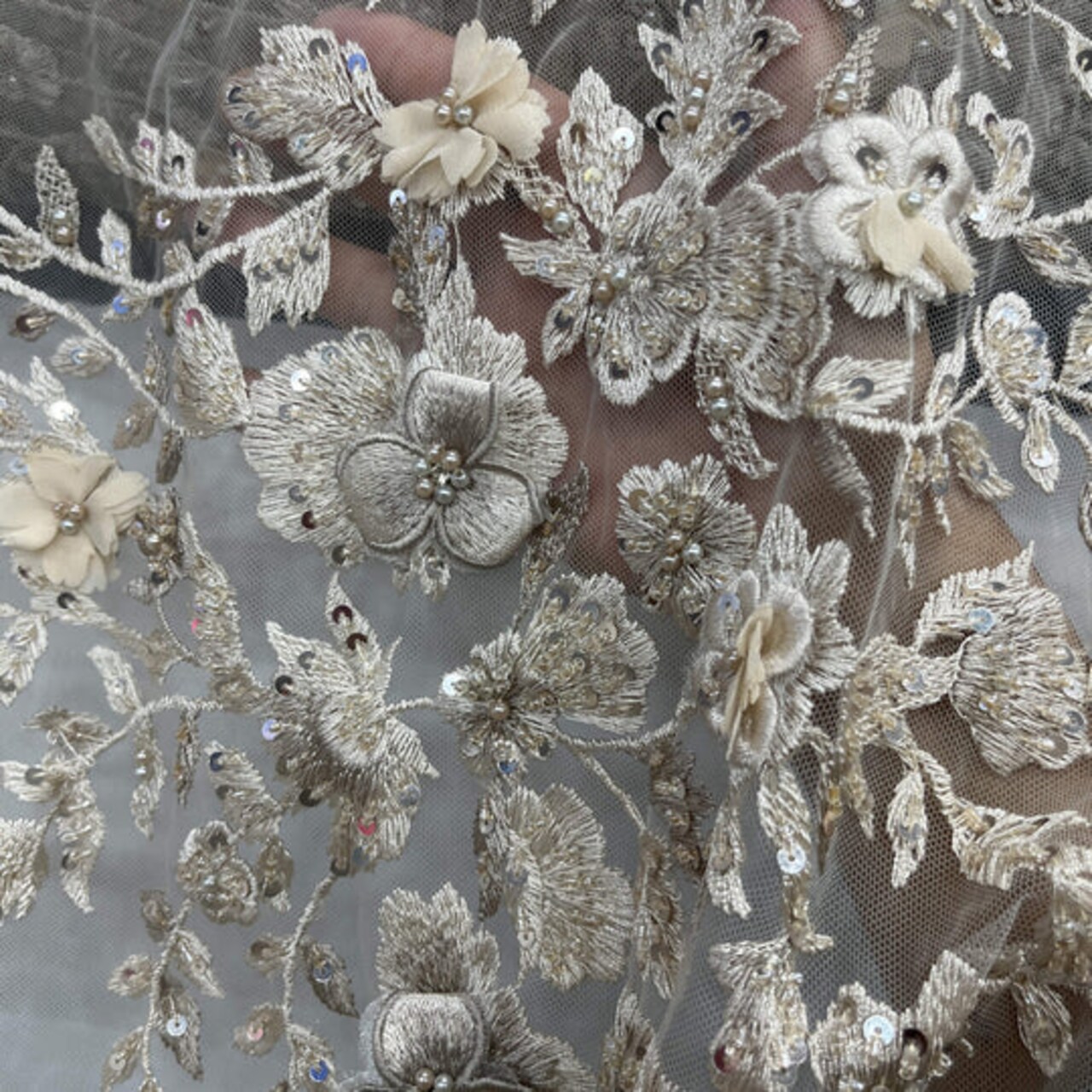 1 Yard Beaded 3D Floral Lace Fabric Embroidered 100 Percent Polyester Net Mesh 51 inch Width